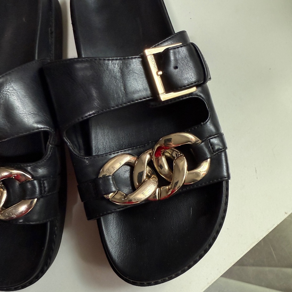 Aldo Asae Black Sandals w/  chain accent